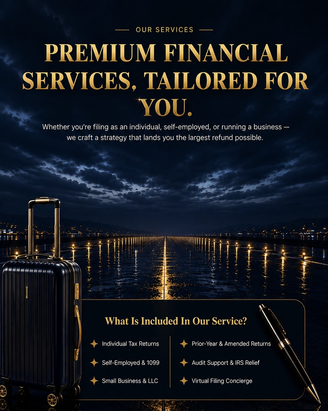 Premium Financial Services. Tailored for You. A luxury runway scene with suitcase, pen, and What's Included panel.